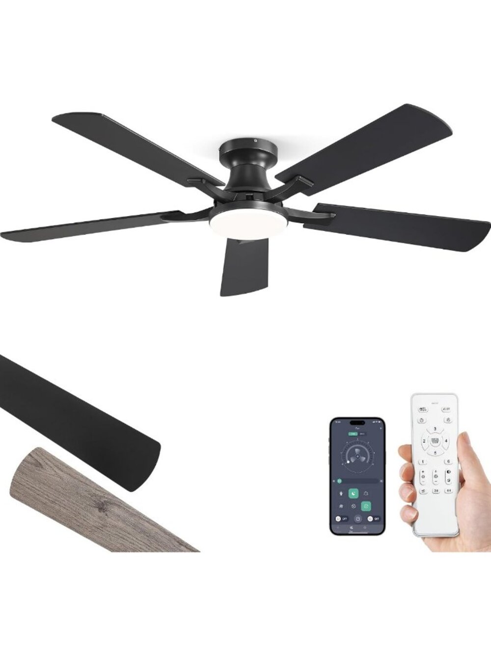 52" Ceiling Fan with Lights, Remote & App Control, Flush Mount Design, Modern
